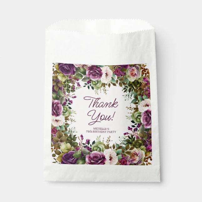 Bolsa De Papel Cumpleaños Purple Floral Gracias (Anverso)