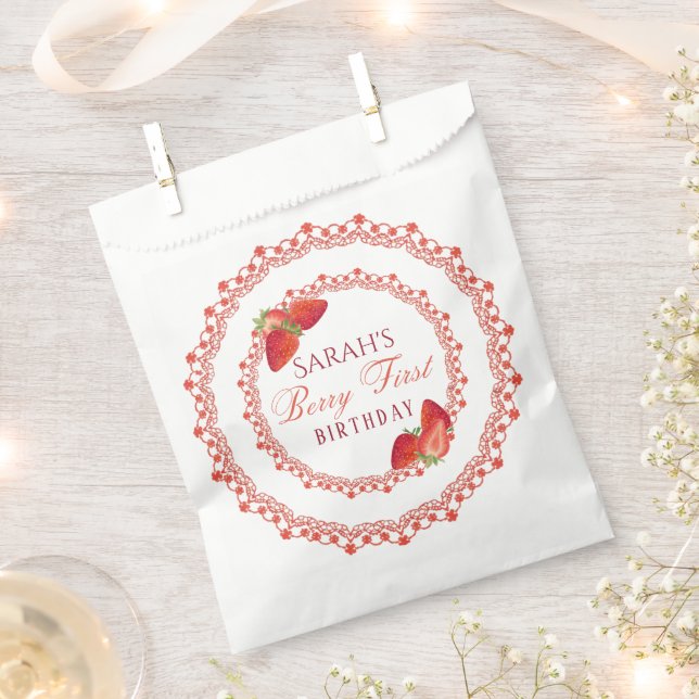 Bolsa De Papel Cumpleaños Red Lace Berry Primer Cumpleaños Redond (Cortado)