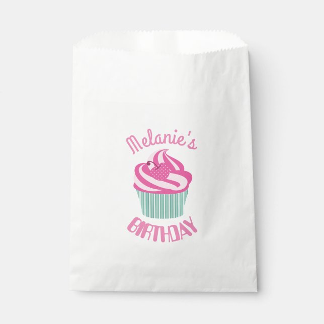 Bolsa De Papel Cupcake de cumpleaños rosa personalizado (Anverso)