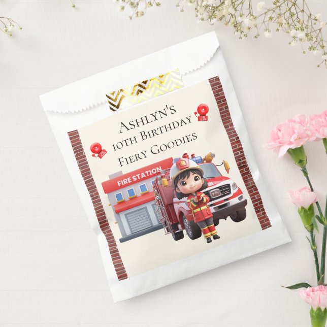 Bolsa De Papel Custom Name & Age Cute 3D Firefighter Girl (Sellado)