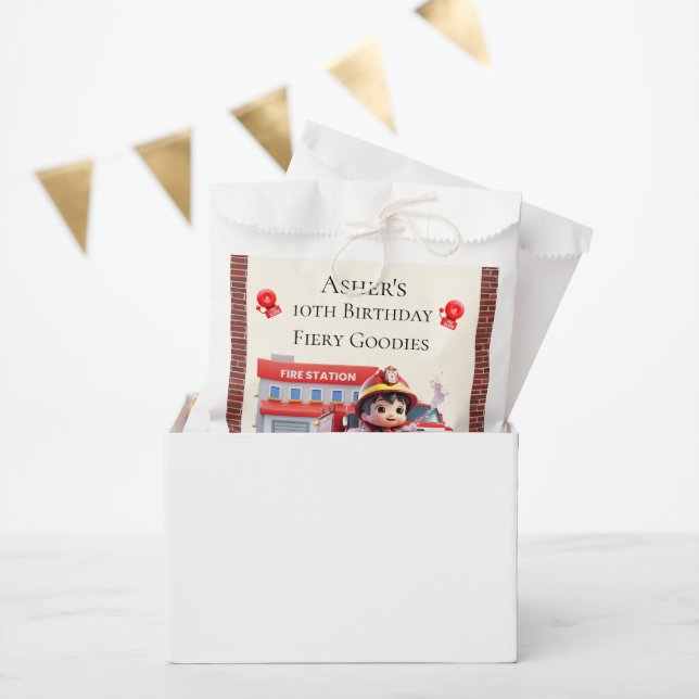 Bolsa De Papel Custom Name & Occasion Cute 3D Boy Firefighter (Fiesta)