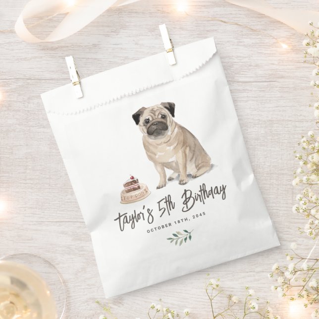 Bolsa De Papel Cuta acuarela Pug Dog Fiesta de cumpleaños (Cortado)