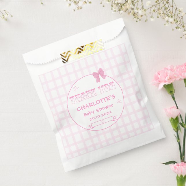 Bolsa De Papel Cute Bow Pastel Rosa Gingham Baby Shower (Sellado)