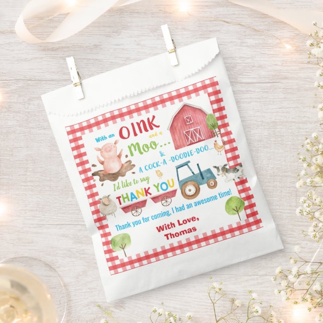 Bolsa De Papel Cute Farm Animals Barnyard Birthday Gracias (Cortado)