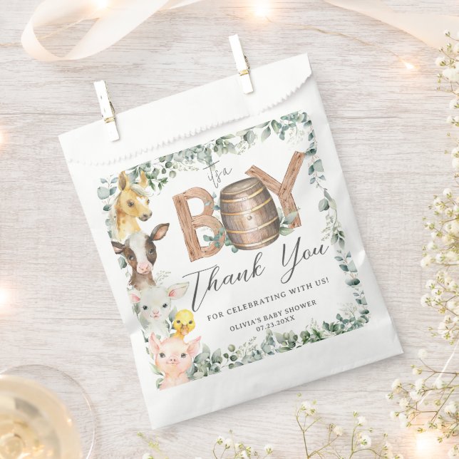 Bolsa De Papel Cute Farm Animals Greenery Boy Barn Baby Shower (Cortado)