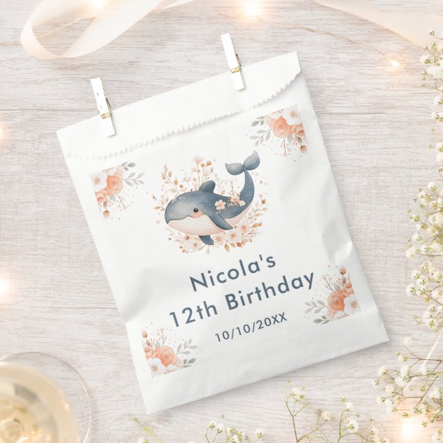 Bolsa De Papel Cute Floral Whale Birthday Party (Cortado)