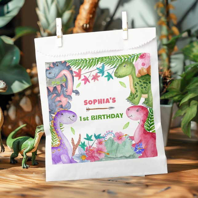 Bolsa De Papel Cute Girl Dinosaur 1st Birthday Party (Subido por el creador)