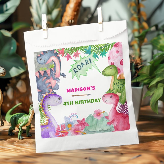 Bolsa De Papel Cute Girl Dinosaur 4th Birthday Party (Subido por el creador)