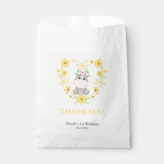 Bolsa De Papel Cute Hippo Amarillo Flower Cumpleaños Gracias (Anverso)