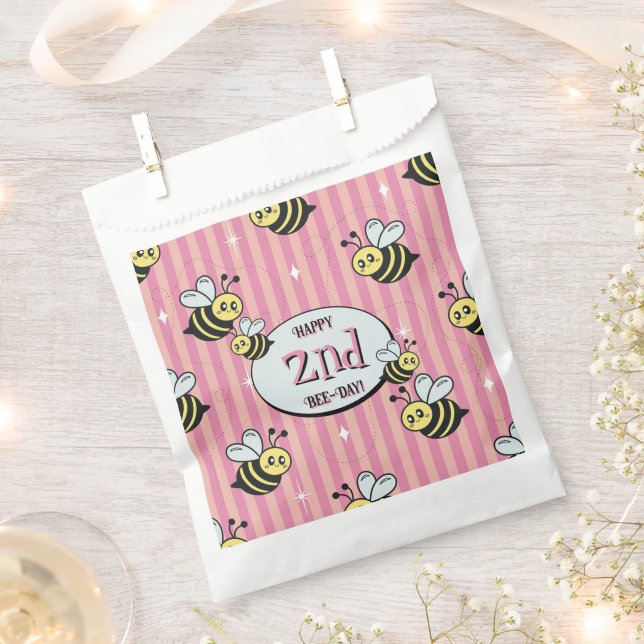Bolsa De Papel Cute Retro Pink Striped Bumblebee Birthday (Cortado)