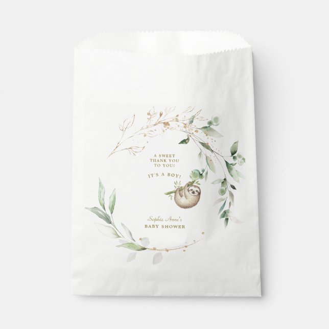 Bolsa De Papel Cute Sloths Greenery Gold Baby Shower (Anverso)