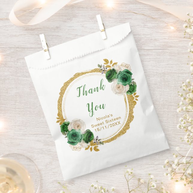 Bolsa De Papel Dark Green and Gold Elegant Flowers Sweet Sixteen (Cortado)
