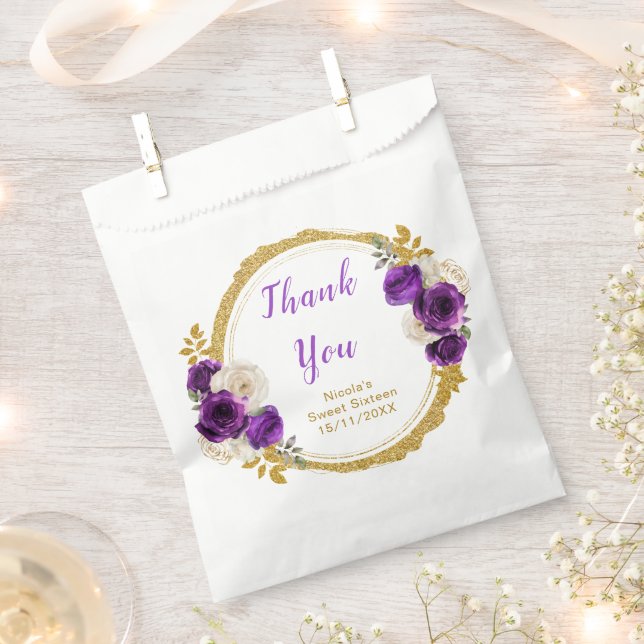 Bolsa De Papel Dark Purple and Gold Elegant Flowers Sweet Sixteen (Cortado)