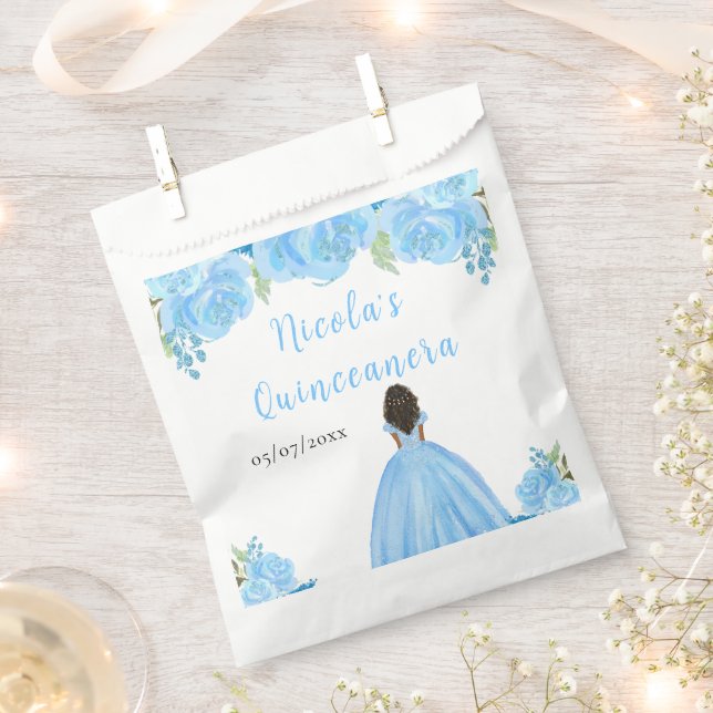 Bolsa De Papel Dark Skin Princess Blue Floral Quinceanera (Cortado)