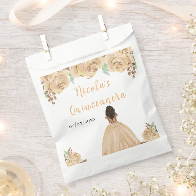 Bolsa De Papel Dark Skin Princess Peach Floral Quinceanera (Cortado)