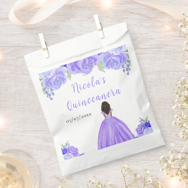 Bolsa De Papel Dark Skin Princess Purple Floral Quinceanera (Cortado)