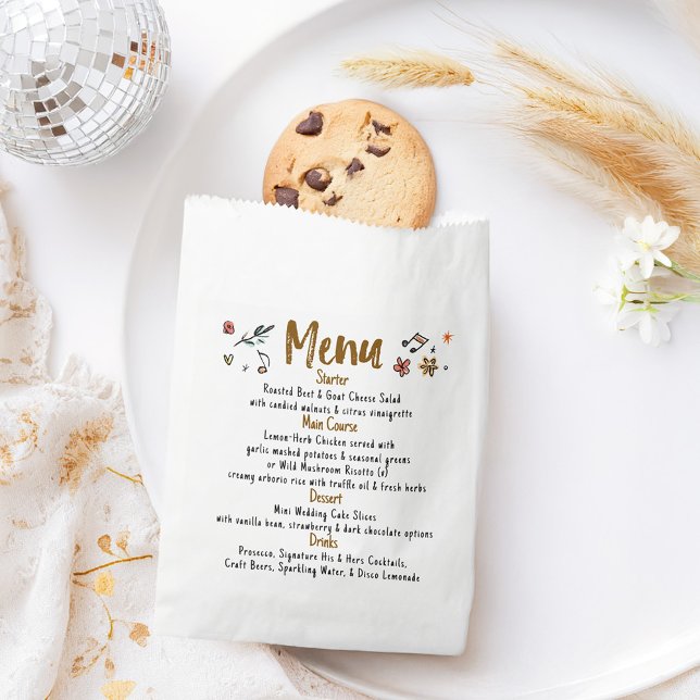 Bolsa De Papel Decoración Funky caprichosa Menú Boda manuscrito (Wedding Menu Bag filled with fresh bread, cookies or napkin, utensils)