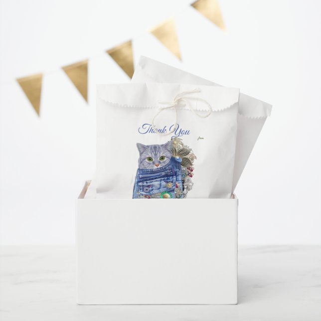 Bolsa De Papel Denim azul, encaje, joyas de vestuario y gatitos (Fiesta)