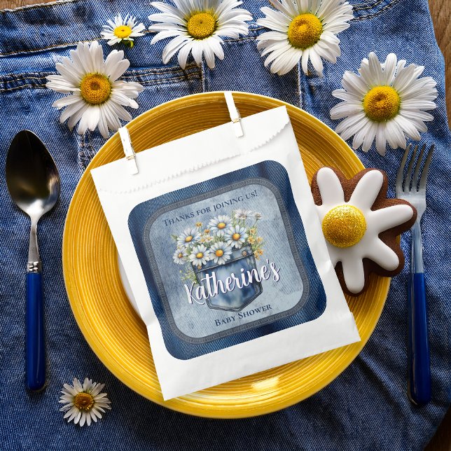 Bolsa De Papel Denim Blue Jean | Daisies Floral Baby Shower (Blue Jean Pocket Denim and Daisies Baby Shower Favor Bags)
