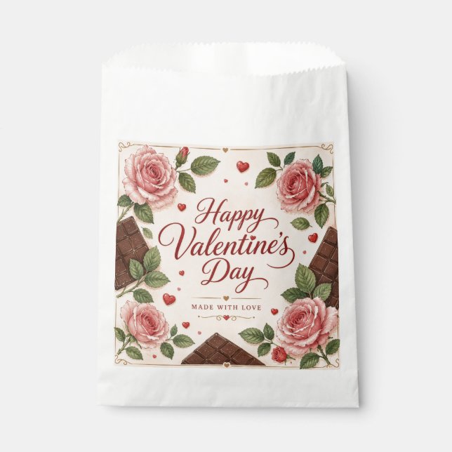 Bolsa De Papel Día de San Valentín Rosas Rosadas Barras de Chocol (Anverso)