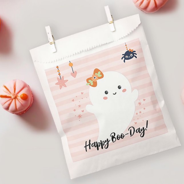 Bolsa De Papel Día feliz de Boo rosa kawaii cumpleaños fantasma (Happy Booday Halloween Birthday Favor Bag)