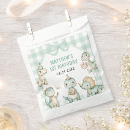 Bolsa De Papel Dinosaur Blue Gingham Primer Fiesta de cumpleaños
