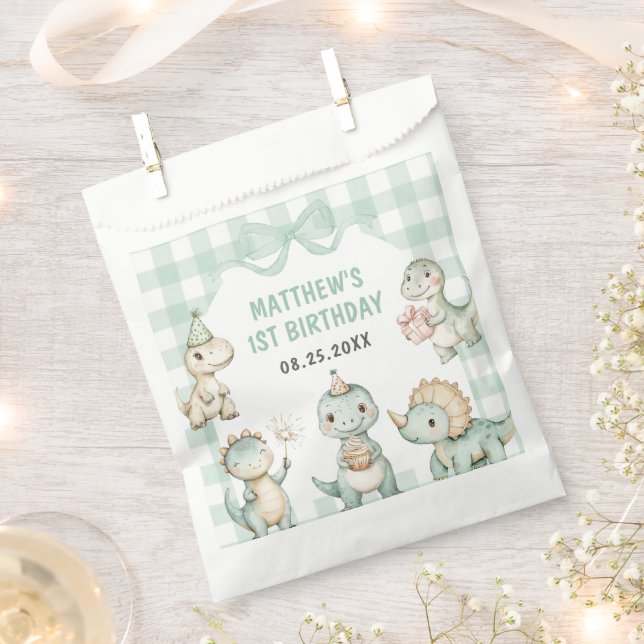 Bolsa De Papel Dinosaur Blue Gingham Primer Fiesta de cumpleaños (Cortado)