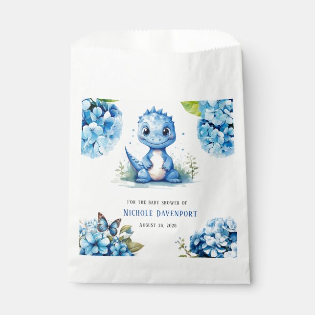 Bolsa De Papel Dinosaurio azul lindo con Florals Boy Baby Shower (Anverso)