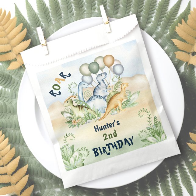 Bolsa De Papel Dinosaurio Boy Pastel Azul Verde Segundo cumpleaño (Dinosaur Boy Pastel Blue Green 2nd Birthday Favor Bag)