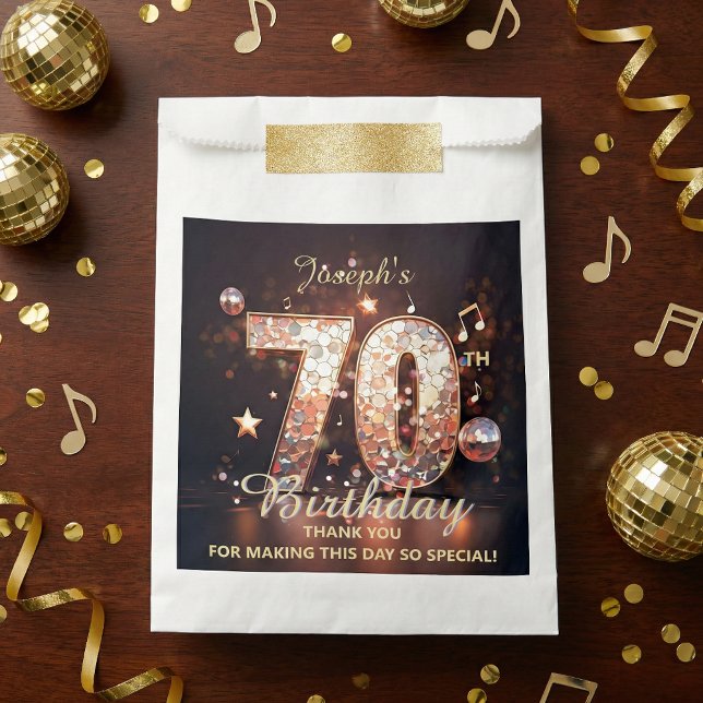 Bolsa De Papel Disco Ball Music Notes Gold Glitter 70th Birthday  (Subido por el creador)