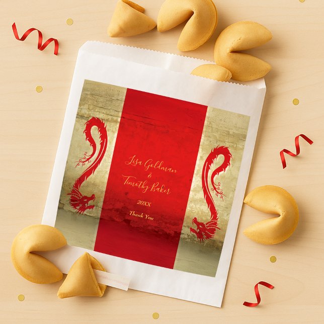 Bolsa De Papel Dragones rojos y dorados Boda de temas asiáticos (Red and Gold Dragons Asian Themed Wedding Favor Bag)
