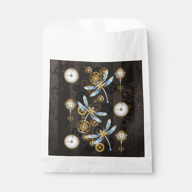 Bolsa De Papel Dragoniscos de Steampunk sobre fondo rayado marrón (Anverso)