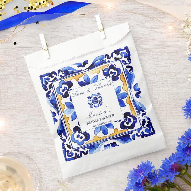 Bolsa De Papel Ducha de novia con azulejos azules italianos Amalf (Amalfi Vietri Italian blue tiles bridal shower Favor Bag)