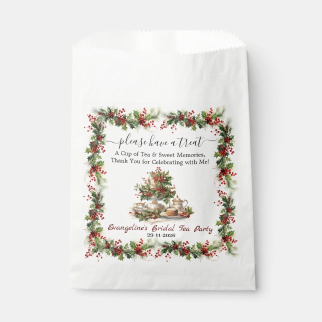 Bolsa De Papel Ducha de novia de Navidad, fiesta de té holly  (Anverso)