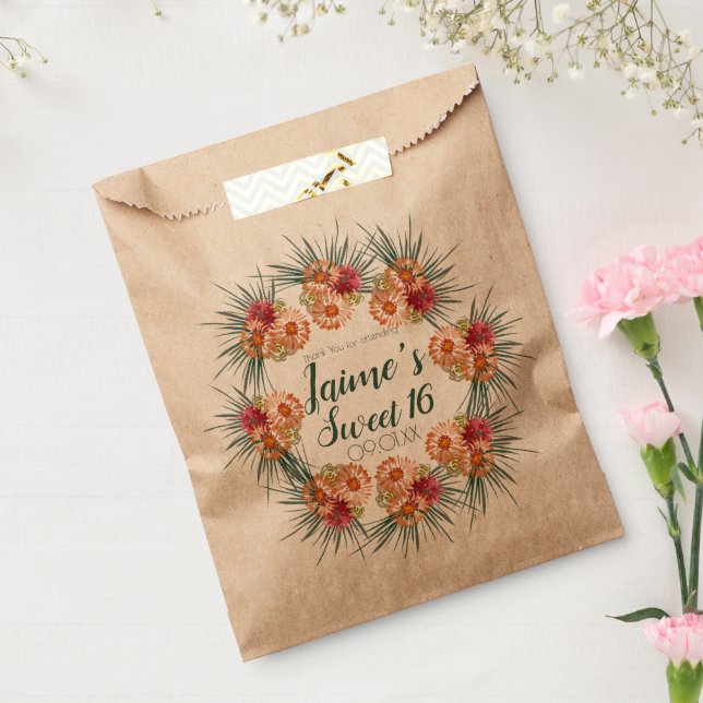 Bolsa De Papel Dulces dieciséis acuarela floral melocotón verde (Sellado)
