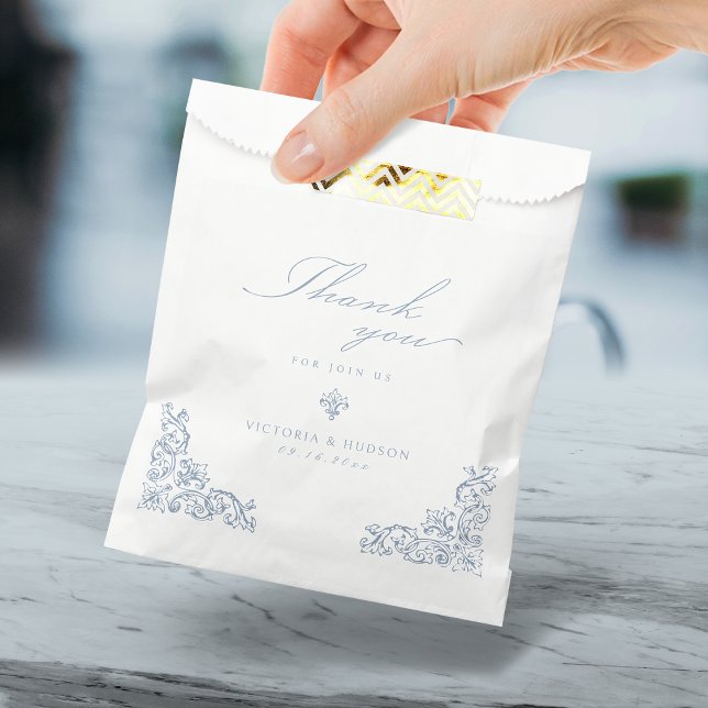 Bolsa De Papel Dusty Blue Elegage Script Gracias (Dusty Blue Elegant Vintage Script Thank You Favor Bag)