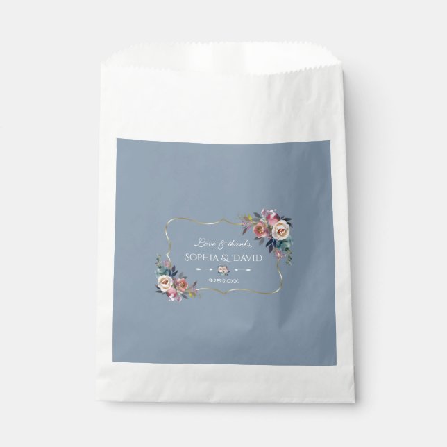 Bolsa De Papel Dusty Blue Misty Rosa Flores Boda de oro (Anverso)