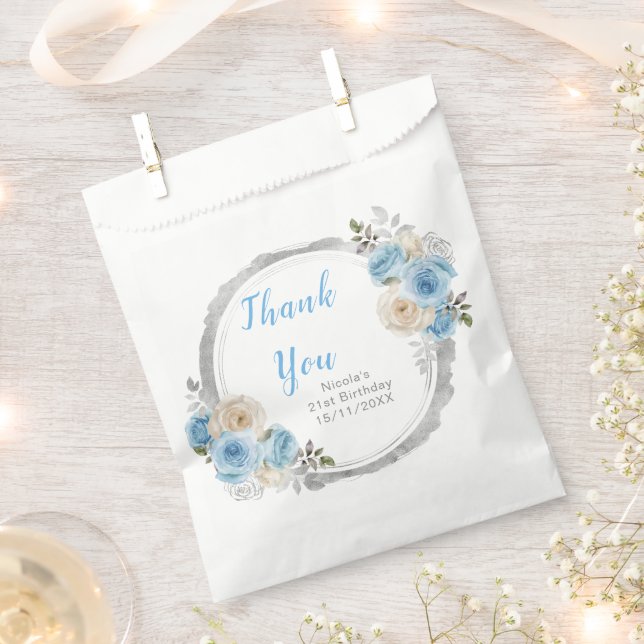 Bolsa De Papel Dusty Blue Silver Elegant Flowers Birthday Party (Cortado)