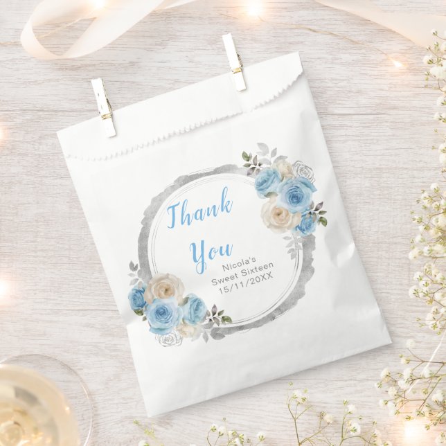 Bolsa De Papel Dusty Blue Silver Elegant Flowers Sweet Sixteen (Cortado)