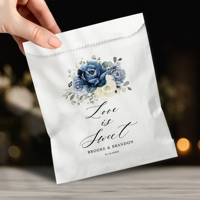 Bolsa De Papel Dusty Marina Azul Champagne Boda de marfil (Dusty Blue Navy Champagne Ivory Floral Wedding Favor Bag)