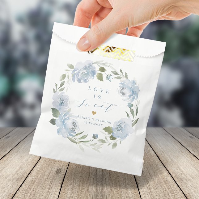Bolsa De Papel El amor es dulce Romántico polvoriento azul boda f (Love is sweet Romantic dusty blue floral wedding Favor Bag)