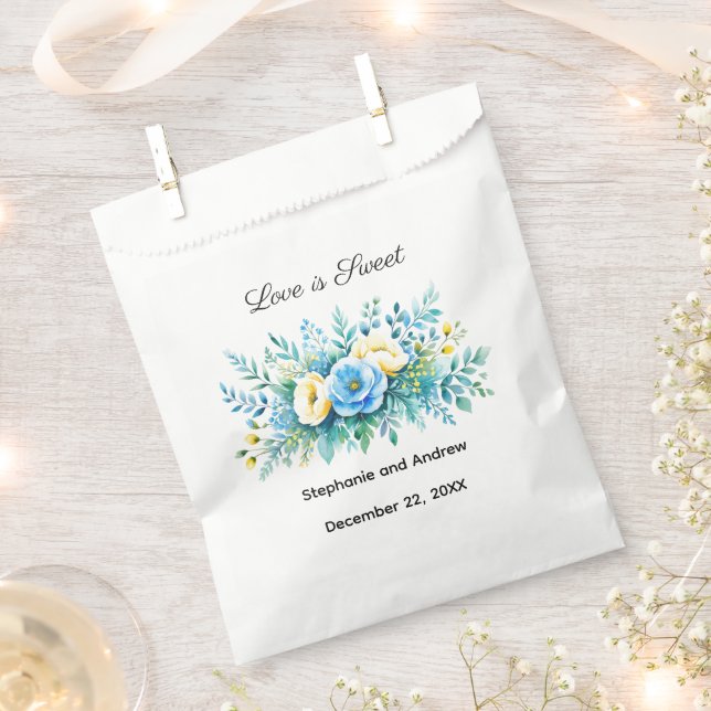 Bolsa De Papel El Amor Floral Amarillo Azul Es Boda Dulce (Cortado)