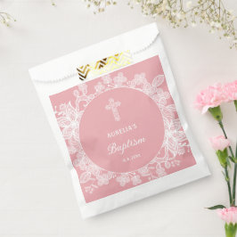 Bolsa De Papel El encaje blanco sobre el bautismo rosado