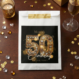 Bolsa De Papel Elegant 50th Birthday Black Gold Gems Sparkle