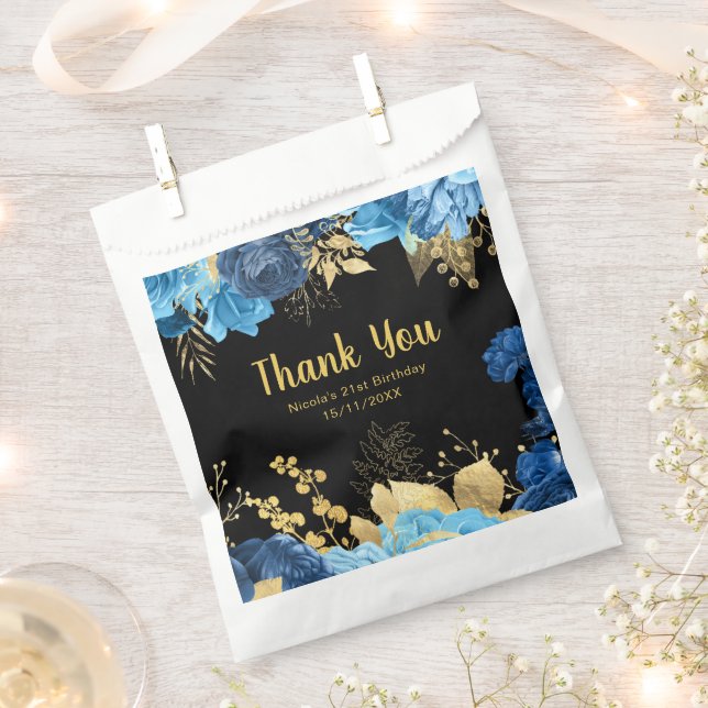 Bolsa De Papel Elegant Blue and Gold Flowers Birthday Party  (Cortado)