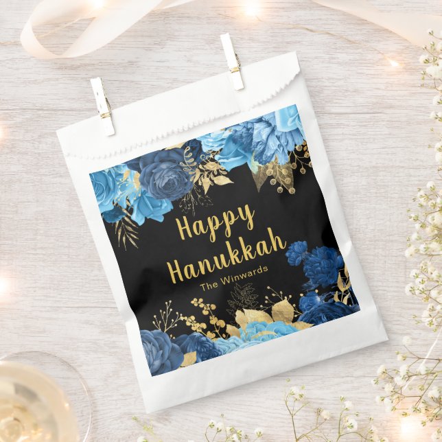 Bolsa De Papel Elegant Blue and Gold Flowers Hanukkah Party (Cortado)