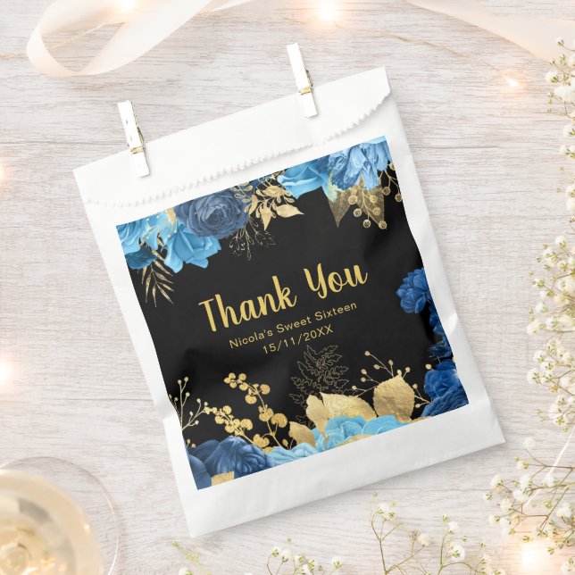 Bolsa De Papel Elegant Blue and Gold Flowers Sweet Sixteen (Cortado)
