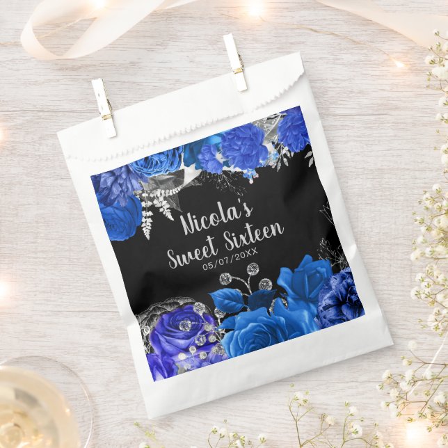 Bolsa De Papel Elegant Blue and Silver Flowers Sweet Sixteen (Cortado)
