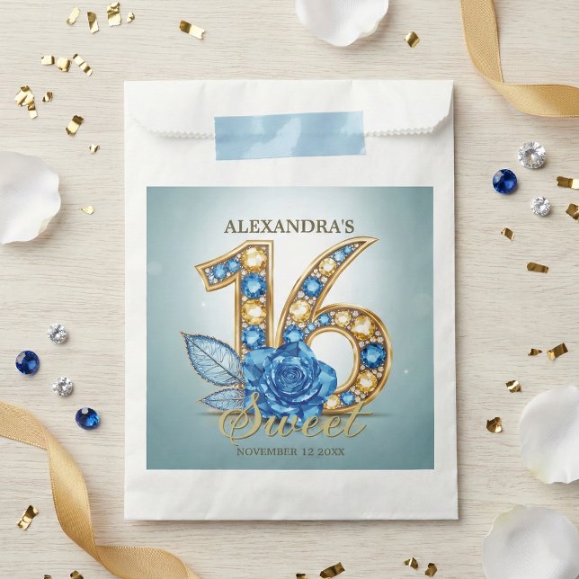 Bolsa De Papel Elegant Blue Gold Jewel Crystal Rose Sweet 16 (Subido por el creador)
