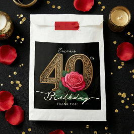 Bolsa De Papel Elegant Chic Black Gold 40th Birthday Red Rose